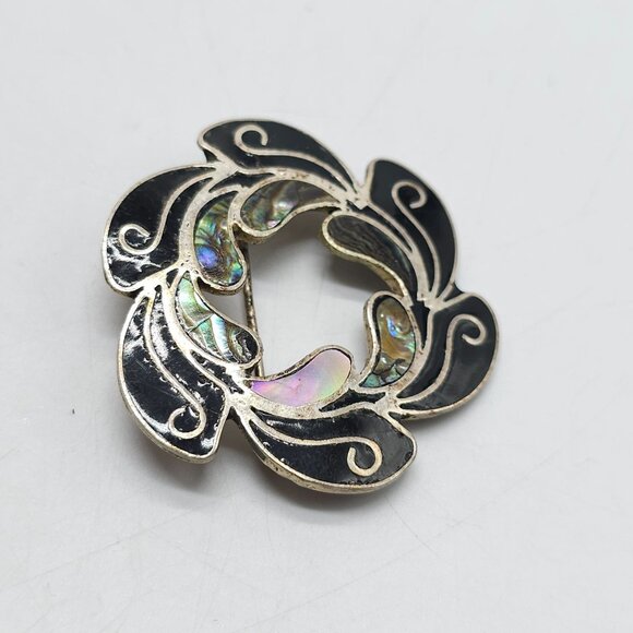 Vintage Brooch Mexico Alpaca Silver Tone Abalone Mother of Pearl - Picture 2 of 4